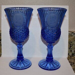 Pair of VTG Fostoria Avon Goblets Cobalt Blue George & Martha Washington 1976